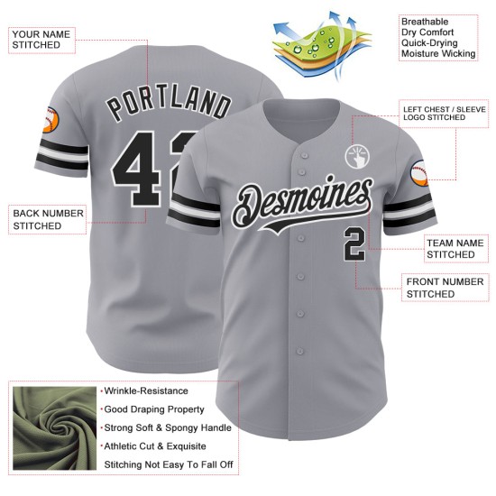 Maillot de baseball personnalisé authentique noir et blanc gris Maillot de baseball personnalisé authentique noir et blanc gris