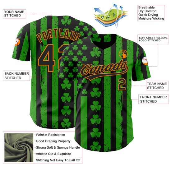 Maillot de baseball personnalisé 3D vert orange de la Saint-Patrick Black-Bay Maillot de baseball personnalisé 3D vert orange de la Saint-Patrick Black-Bay