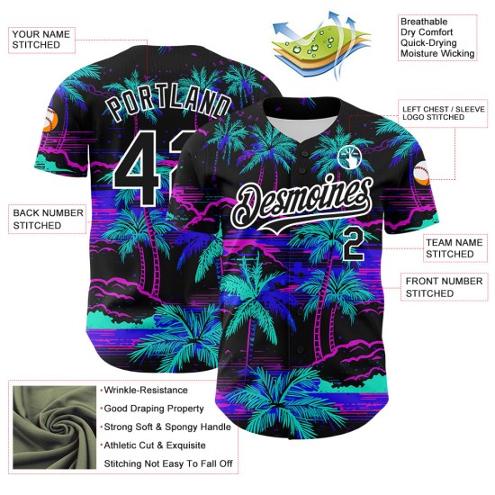 Maillot de baseball 3D motif palmier hawaïen noir, personnalisé, arbres blancs, plage, authentique Maillot de baseball 3D motif palmier hawaïen noir, personnalisé, arbres blancs, plage, authentique