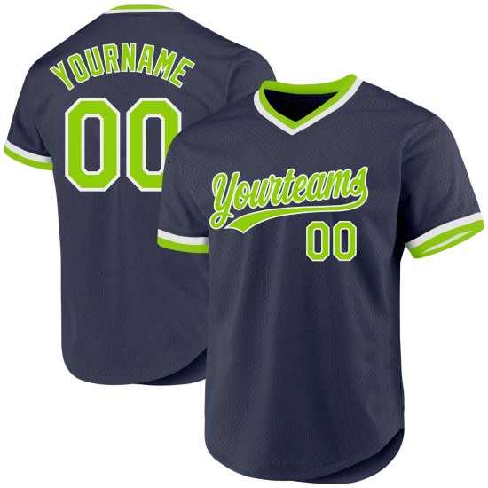 Maillot de baseball bleu marine authentique, vert fluo et blanc, rétro, personnalisé Maillot de baseball bleu marine authentique, vert fluo et blanc, rétro, personnalisé