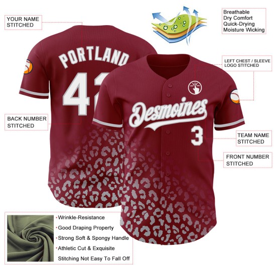 Maillot de baseball cramoisi à motif authentique, imprimé léopard, dégradé 3D, blanc et gris, personnalisé, à la mode Maillot de baseball cramoisi à motif authentique, imprimé léopard, dégradé 3D, blanc et gris, personnalisé, à la mode
