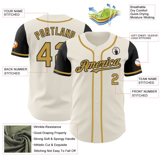 Maillot de baseball authentique couleur crème, deux couleurs or et noir Maillot de baseball authentique couleur crème, deux couleurs or et noir