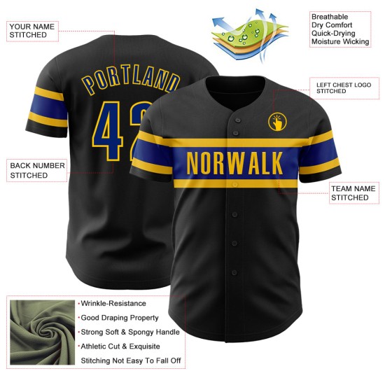 Maillot de baseball personnalisé jaune royal noir authentique Maillot de baseball personnalisé jaune royal noir authentique