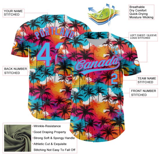 Maillot de baseball 3D authentique rose ciel, motif palmiers chauds, arbres tropicaux bleus hawaïens Maillot de baseball 3D authentique rose ciel, motif palmiers chauds, arbres tropicaux bleus hawaïens