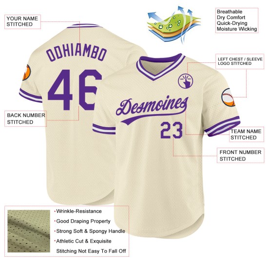 Maillot de baseball authentique violet et blanc personnalisé crème Maillot de baseball authentique violet et blanc personnalisé crème
