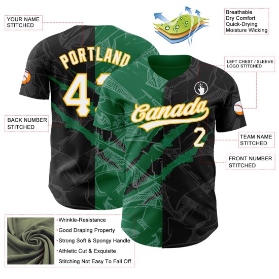 Maillot de baseball personnalisé à motif graffiti Kelly noir, authentique, vert et or 3D Maillot de baseball personnalisé à motif graffiti Kelly noir, authentique, vert et or 3D