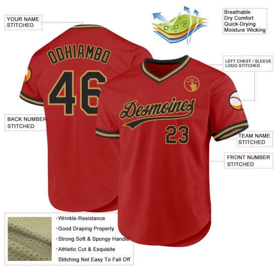 Maillot de baseball personnalisé noir et ancien, authentique et doré, rouge rétro Maillot de baseball personnalisé noir et ancien, authentique et doré, rouge rétro