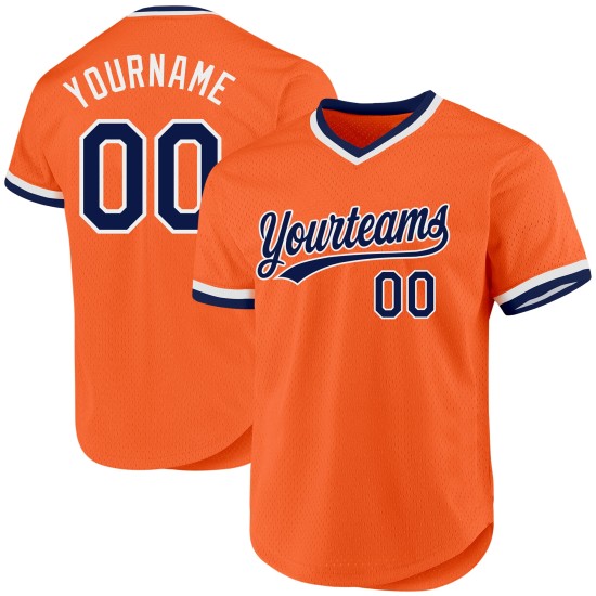 Maillot de baseball rétro bleu marine-blanc personnalisé authentique orange Maillot de baseball rétro bleu marine-blanc personnalisé authentique orange