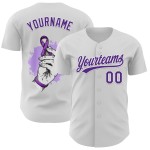 Maillot de baseball personnalisé blanc 3D avec ruban violet et motif cancer du pancréas Maillot de baseball personnalisé blanc 3D avec ruban violet et motif cancer du pancréas