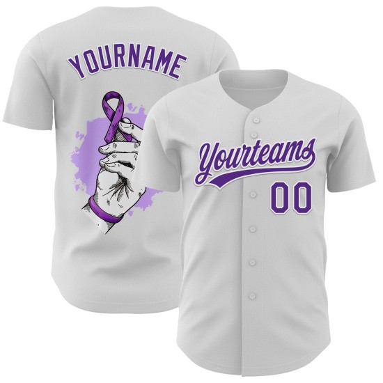 Maillot de baseball personnalisé blanc 3D avec ruban violet et motif cancer du pancréas Maillot de baseball personnalisé blanc 3D avec ruban violet et motif cancer du pancréas