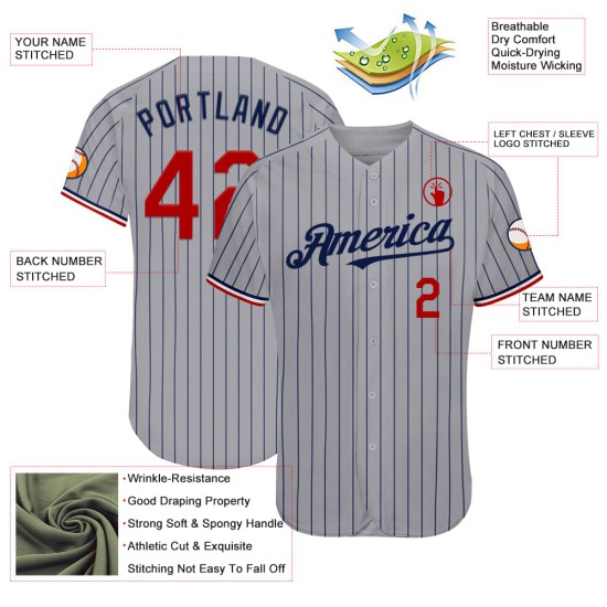 Maillot de baseball bleu marine à rayures grises authentique rouge et blanc Maillot de baseball bleu marine à rayures grises authentique rouge et blanc
