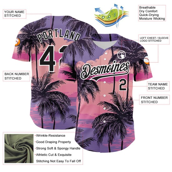 Maillot de baseball authentique motif personnalisé motif palmier noir et blanc 3D motif hawaïen arbres plage violet Maillot de baseball authentique motif personnalisé motif palmier noir et blanc 3D motif hawaïen arbres plage violet