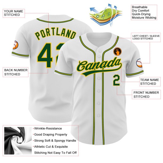 Maillot de baseball vert-or authentique blanc personnalisé Maillot de baseball vert-or authentique blanc personnalisé