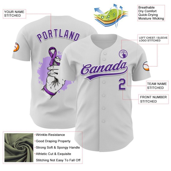 Maillot de baseball personnalisé blanc 3D avec ruban violet et motif cancer du pancréas Maillot de baseball personnalisé blanc 3D avec ruban violet et motif cancer du pancréas