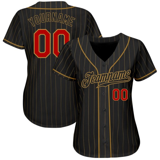 Ancien maillot de baseball noir authentique à rayures dorées et rouges Ancien maillot de baseball noir authentique à rayures dorées et rouges