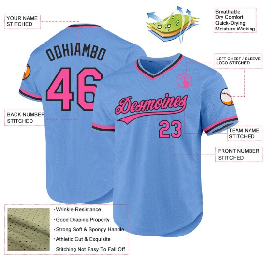 Maillot de baseball rétro rose clair-noir bleu authentique personnalisé Maillot de baseball rétro rose clair-noir bleu authentique personnalisé