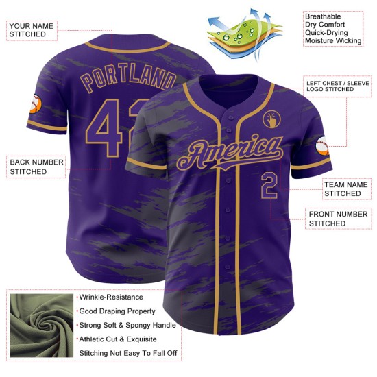 Maillot de baseball personnalisé en acier, gris, authentique, doré, violet Maillot de baseball personnalisé en acier, gris, authentique, doré, violet