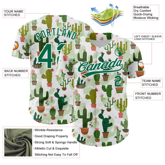 Maillot de baseball Cactus authentique et personnalisé, motif 3D, vert, blanc, Festival Kelly Maillot de baseball Cactus authentique et personnalisé, motif 3D, vert, blanc, Festival Kelly