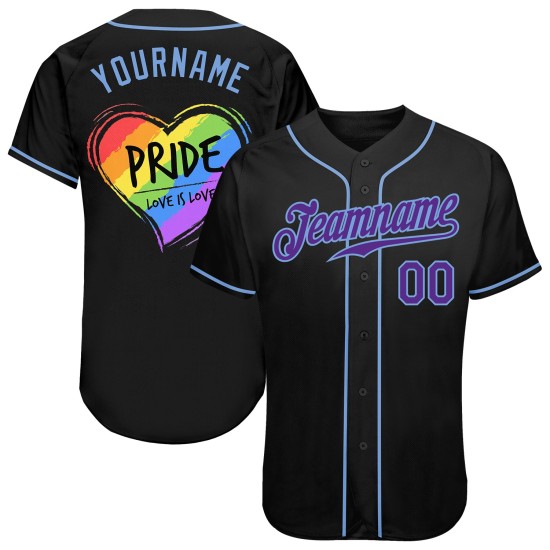 Maillot de baseball personnalisé Love For Heart bleu LGBT, couleur arc-en-ciel, violet clair, Love Is Pride, noir Maillot de baseball personnalisé Love For Heart bleu LGBT, couleur arc-en-ciel, violet clair, Love Is Pride, noir