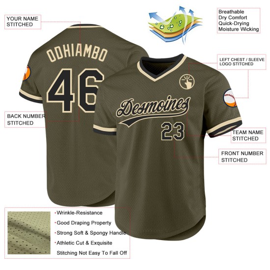 Service personnalisé rétro noir-crème Salute Authentic To Jersey Baseball Olive Service personnalisé rétro noir-crème Salute Authentic To Jersey Baseball Olive