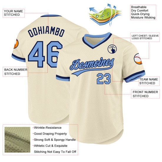Maillot de baseball rétro bleu marine clair, authentique et personnalisé, crème Maillot de baseball rétro bleu marine clair, authentique et personnalisé, crème