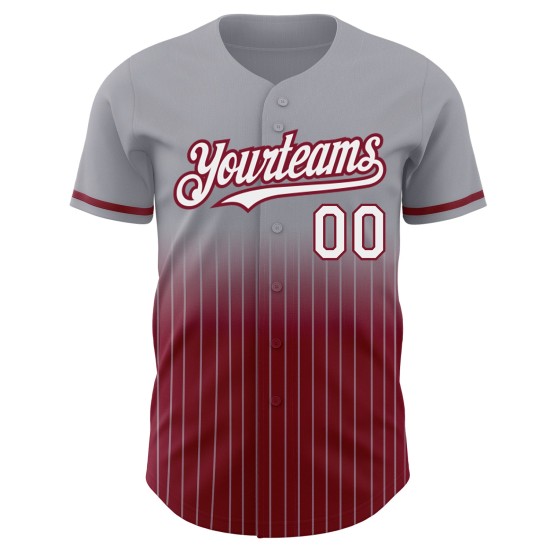 Maillot de baseball gris à rayures fines, blanc et cramoisi, personnalisé, dégradé authentique Maillot de baseball gris à rayures fines, blanc et cramoisi, personnalisé, dégradé authentique
