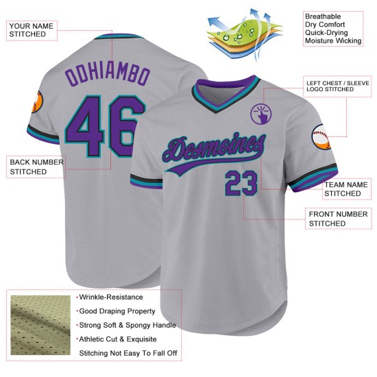 Maillot de baseball authentique gris, violet, noir et bleu sarcelle, personnalisé et rétro Maillot de baseball authentique gris, violet, noir et bleu sarcelle, personnalisé et rétro
