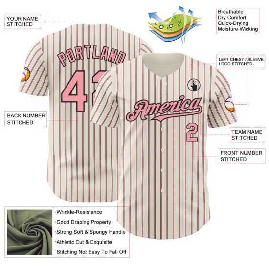 Maillot de baseball personnalisé (noir, crème, rose, rose moyen, noir, rayures fines authentiques) Maillot de baseball personnalisé (noir, crème, rose, rose moyen, noir, rayures fines authentiques)