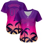 Maillot de baseball authentique Hawaii rose palmier, motif 3D violet, motif arbres, personnalisé Maillot de baseball authentique Hawaii rose palmier, motif 3D violet, motif arbres, personnalisé
