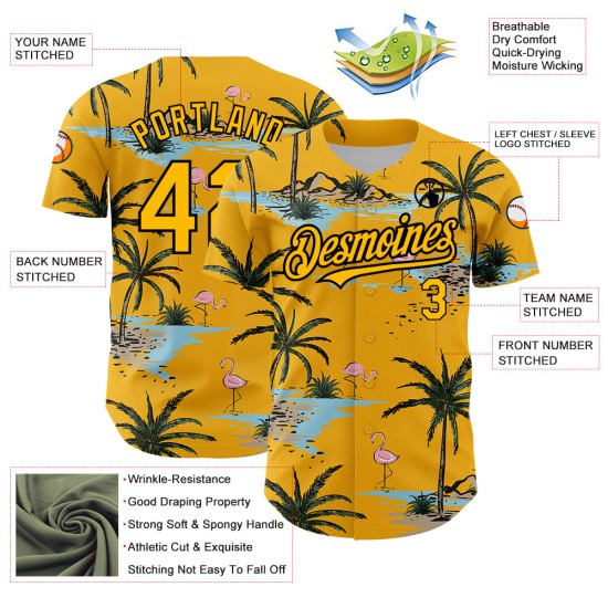 Motif de baseball tropical noir authentique Design Trees Hawaii personnalisé 3D jaune Jersey Palm Motif de baseball tropical noir authentique Design Trees Hawaii personnalisé 3D jaune Jersey Palm