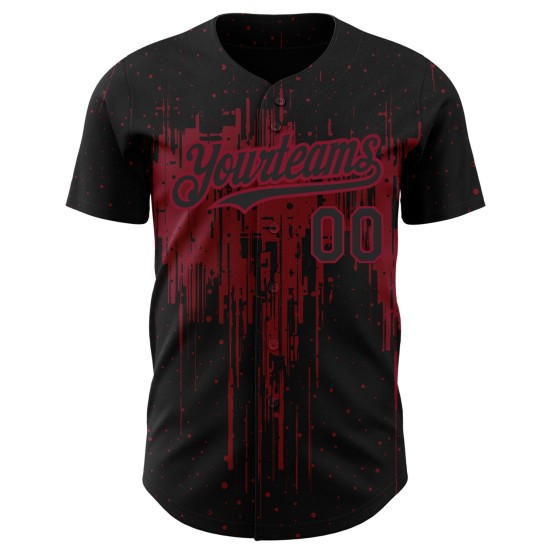Maillot de baseball personnalisé à motif cramoisi noir authentique avec éclaboussures 3D Maillot de baseball personnalisé à motif cramoisi noir authentique avec éclaboussures 3D