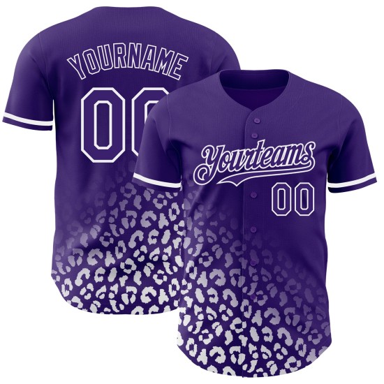 Maillot de baseball violet à imprimé authentique, design tendance, personnalisé, motif 3D blanc, dégradé léopard Maillot de baseball violet à imprimé authentique, design tendance, personnalisé, motif 3D blanc, dégradé léopard
