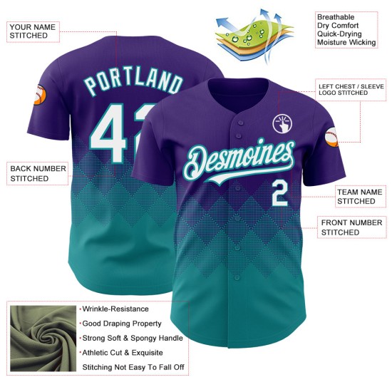 Motif blanc-bleu sarcelle, violet, formes personnalisées, dégradé de baseball, maillot carré authentique 3D Motif blanc-bleu sarcelle, violet, formes personnalisées, dégradé de baseball, maillot carré authentique 3D