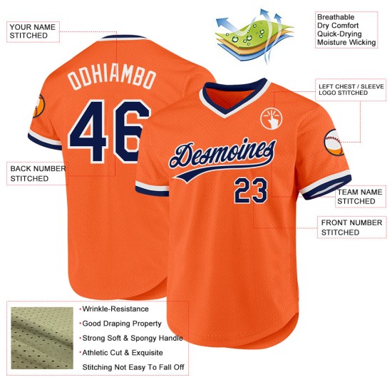 Maillot de baseball rétro bleu marine-blanc personnalisé authentique orange Maillot de baseball rétro bleu marine-blanc personnalisé authentique orange
