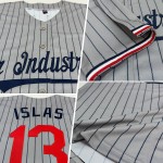 Maillot de baseball bleu marine à rayures grises authentique rouge et blanc Maillot de baseball bleu marine à rayures grises authentique rouge et blanc