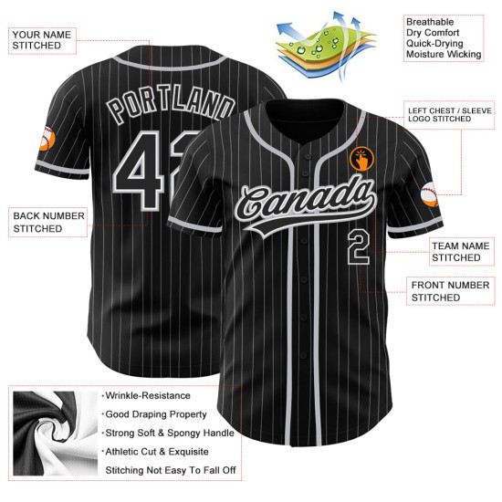Maillot de baseball noir authentique à rayures noires et grises, blanc Maillot de baseball noir authentique à rayures noires et grises, blanc
