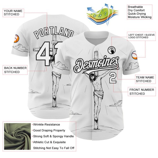 Maillot de baseball personnalisé avec motif religieux, croix du Vendredi noir, Jésus blanc authentique en 3D Maillot de baseball personnalisé avec motif religieux, croix du Vendredi noir, Jésus blanc authentique en 3D