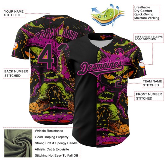 Maillot de baseball 3D motif monstre rose personnalisé noir authentique Maillot de baseball 3D motif monstre rose personnalisé noir authentique