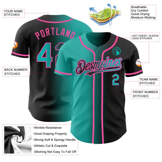 Maillot de baseball noir dégradé rose-aqua, mode, authentique, personnalisé Maillot de baseball noir dégradé rose-aqua, mode, authentique, personnalisé