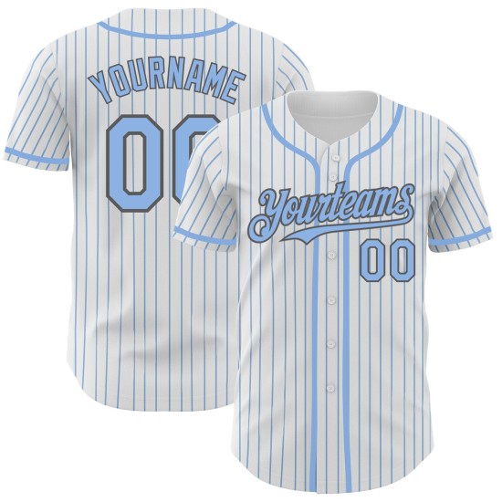 Maillot de baseball bleu clair, personnalisé, blanc, authentique, gris, à fines rayures Maillot de baseball bleu clair, personnalisé, blanc, authentique, gris, à fines rayures