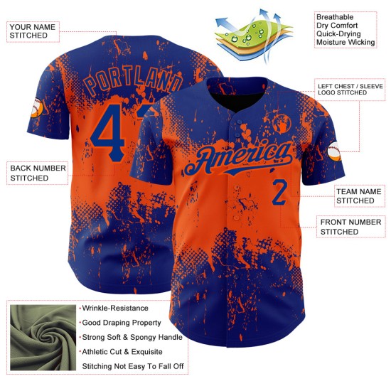 Maillot de baseball 3D grunge avec motif orange et abstrait royal Maillot de baseball 3D grunge avec motif orange et abstrait royal