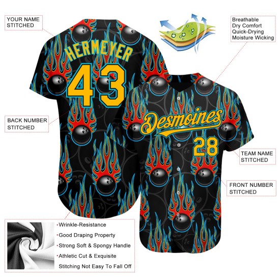 Balle de baseball personnalisée noire authentique Blue Gold-Lakes avec motif de bowling flamme 3D Hotrod Balle de baseball personnalisée noire authentique Blue Gold-Lakes avec motif de bowling flamme 3D Hotrod