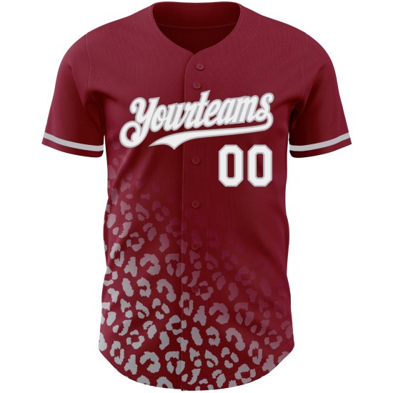 Maillot de baseball cramoisi à motif authentique, imprimé léopard, dégradé 3D, blanc et gris, personnalisé, à la mode Maillot de baseball cramoisi à motif authentique, imprimé léopard, dégradé 3D, blanc et gris, personnalisé, à la mode