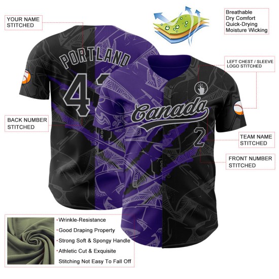 Maillot personnalisé motif violet-gris à gratter 3D noir Baseball authentique Graffiti Maillot personnalisé motif violet-gris à gratter 3D noir Baseball authentique Graffiti