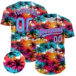 Maillot de baseball 3D authentique rose ciel, motif palmiers chauds, arbres tropicaux bleus hawaïens Maillot de baseball 3D authentique rose ciel, motif palmiers chauds, arbres tropicaux bleus hawaïens