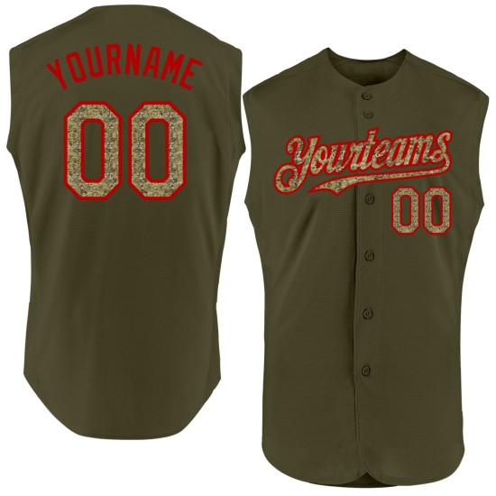 Maillot de baseball authentique sans manches camouflage rouge olive Salute, service personnalisé Maillot de baseball authentique sans manches camouflage rouge olive Salute, service personnalisé