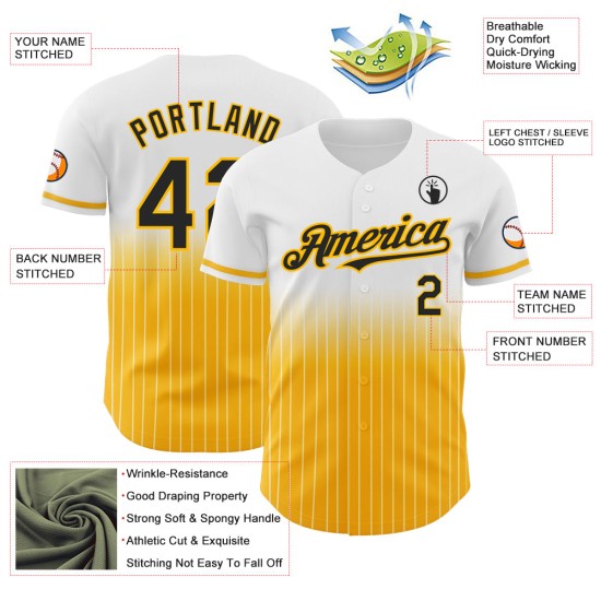 Maillot de baseball blanc à rayures fines, dégradé personnalisé, noir et or, authentique Maillot de baseball blanc à rayures fines, dégradé personnalisé, noir et or, authentique