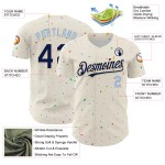 Maillot de baseball bleu marine et crème clair à motif authentique avec confettis 3D personnalisés Maillot de baseball bleu marine et crème clair à motif authentique avec confettis 3D personnalisés