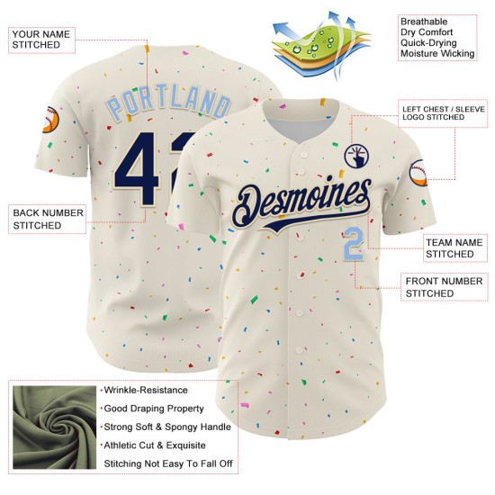 Maillot de baseball bleu marine et crème clair à motif authentique avec confettis 3D personnalisés Maillot de baseball bleu marine et crème clair à motif authentique avec confettis 3D personnalisés