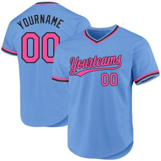 Maillot de baseball rétro rose clair-noir bleu authentique personnalisé Maillot de baseball rétro rose clair-noir bleu authentique personnalisé